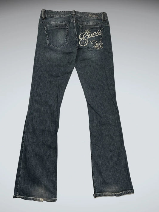 front view, Guess Jeans Dark Wash Bootcut Jeans with Embroidered Logo, vintage Y2K second hand piece
