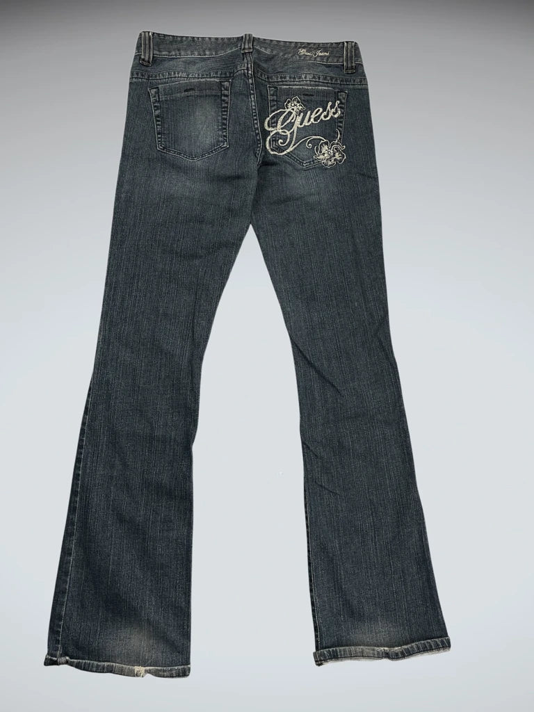 front view, Guess Jeans Dark Wash Bootcut Jeans with Embroidered Logo, vintage Y2K second hand piece