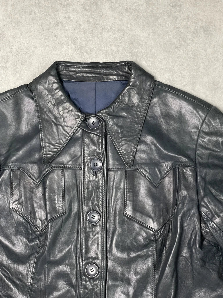 detail view, Stadick Black Leather Coat, vintage Y2K second hand piece