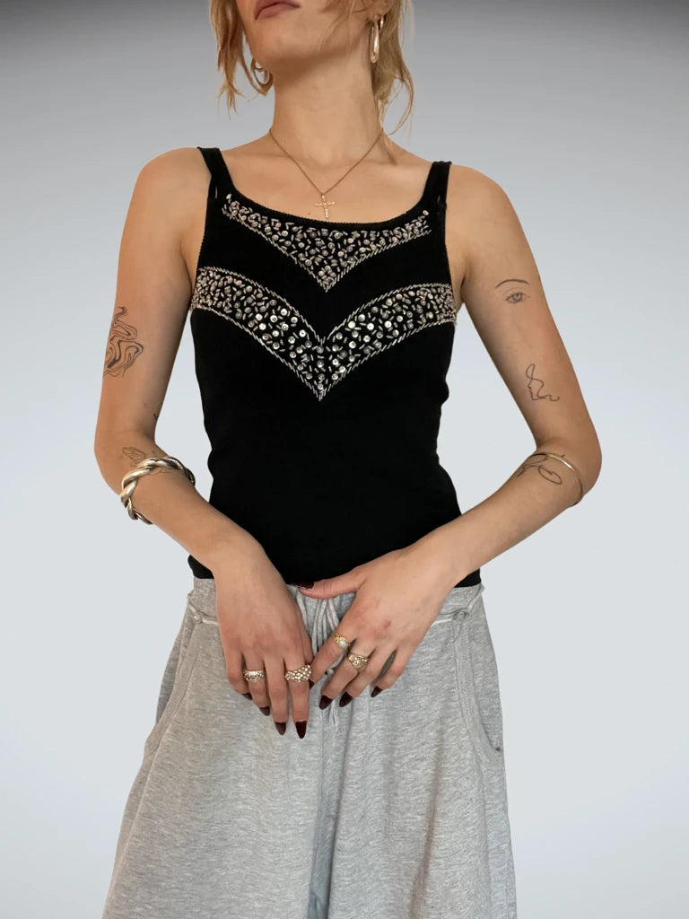 front view, Black Crop Top with Glitter, vintage Y2K second hand piece
