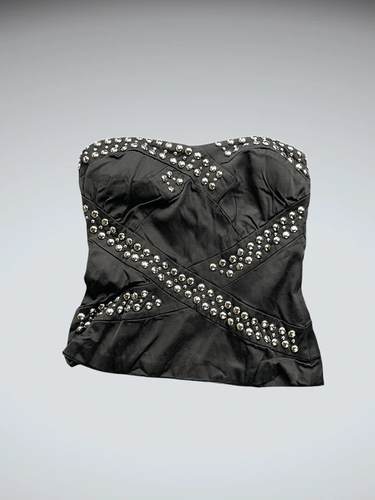 front view, Bebe Black Studded Strapless Corset Top, vintage Y2K second hand piece