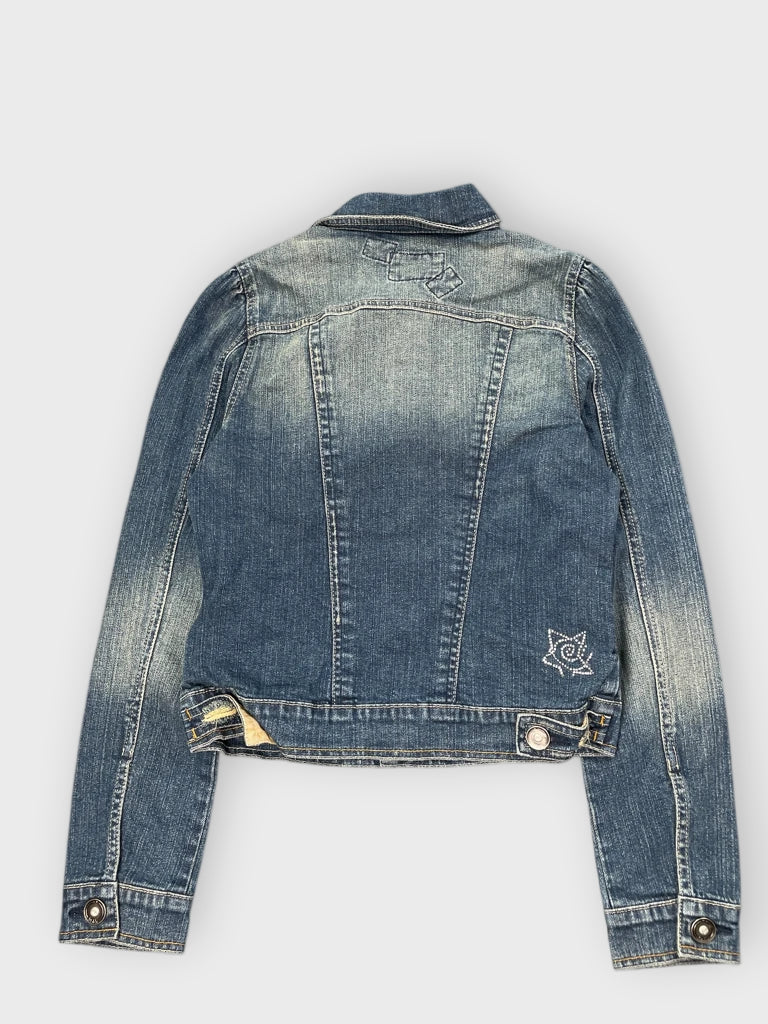 back view, Starz Distressed Zip Up Denim Jacket, vintage Y2K second hand piece