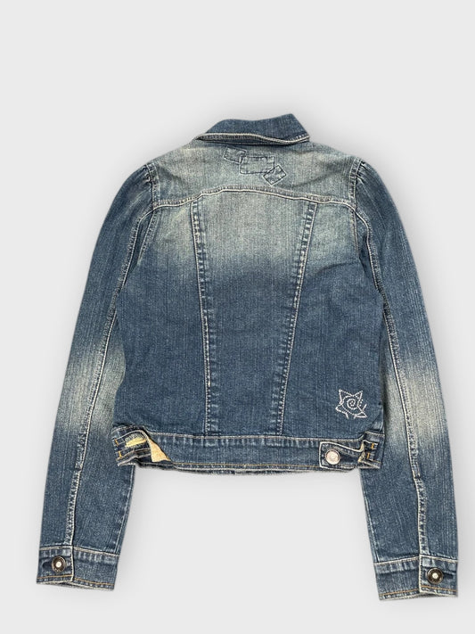 back view, Starz Distressed Zip Up Denim Jacket, vintage Y2K second hand piece
