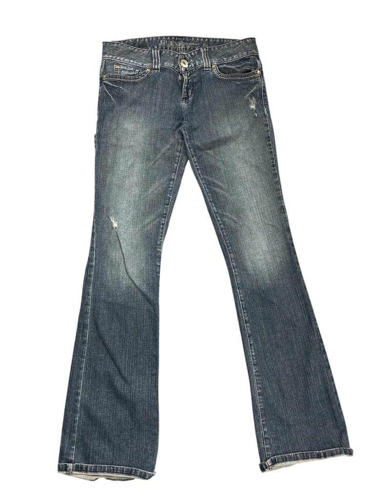 detail view, Guess Jeans Dark Wash Bootcut Jeans with Embroidered Logo, vintage Y2K second hand piece