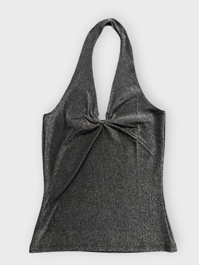 Shimmering Black Halter Top with Rhinestone Ring Accent (S)