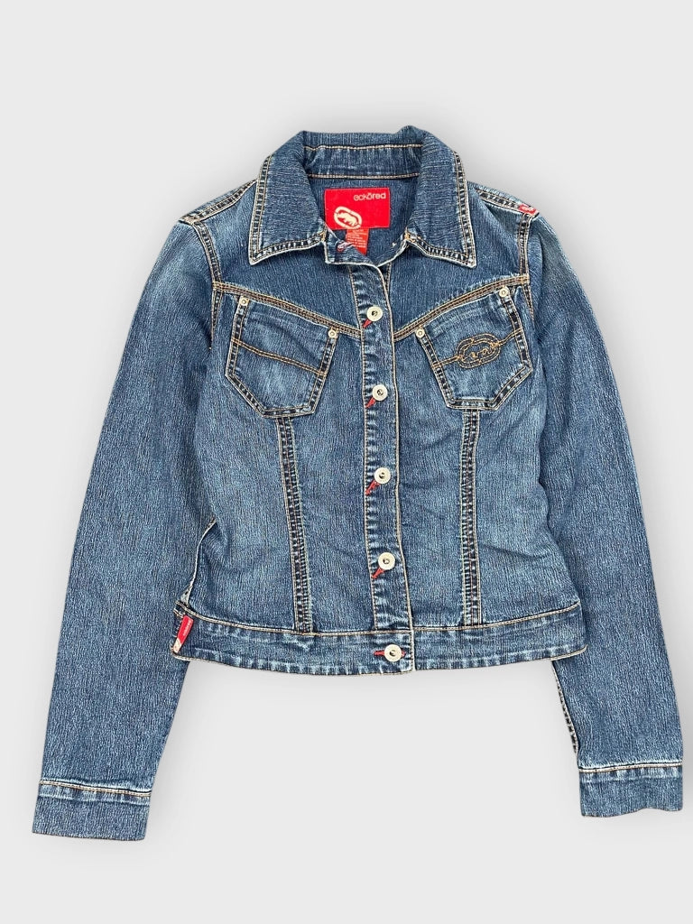 front view, Ecko Red Fitted Button Up Denim Jacket, vintage Y2K second hand piece