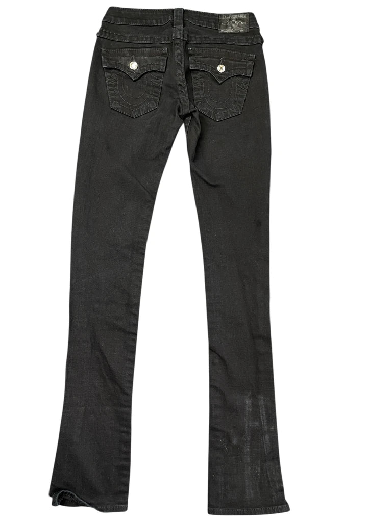 back view, True Relgion Black Slim-Fit Jeans with Low Rise, vintage Y2K second hand piece