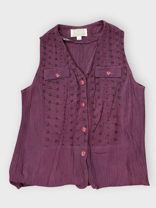 front view, Emblem Purple Rayon Sleeveless Vest Top, vintage Y2K second hand piece