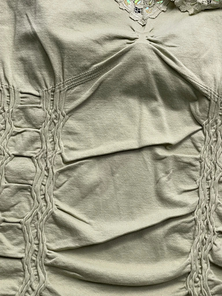 detail view, Light Green Ruched Floral Sequin Strap Top, vintage Y2K second hand piece, image 5
