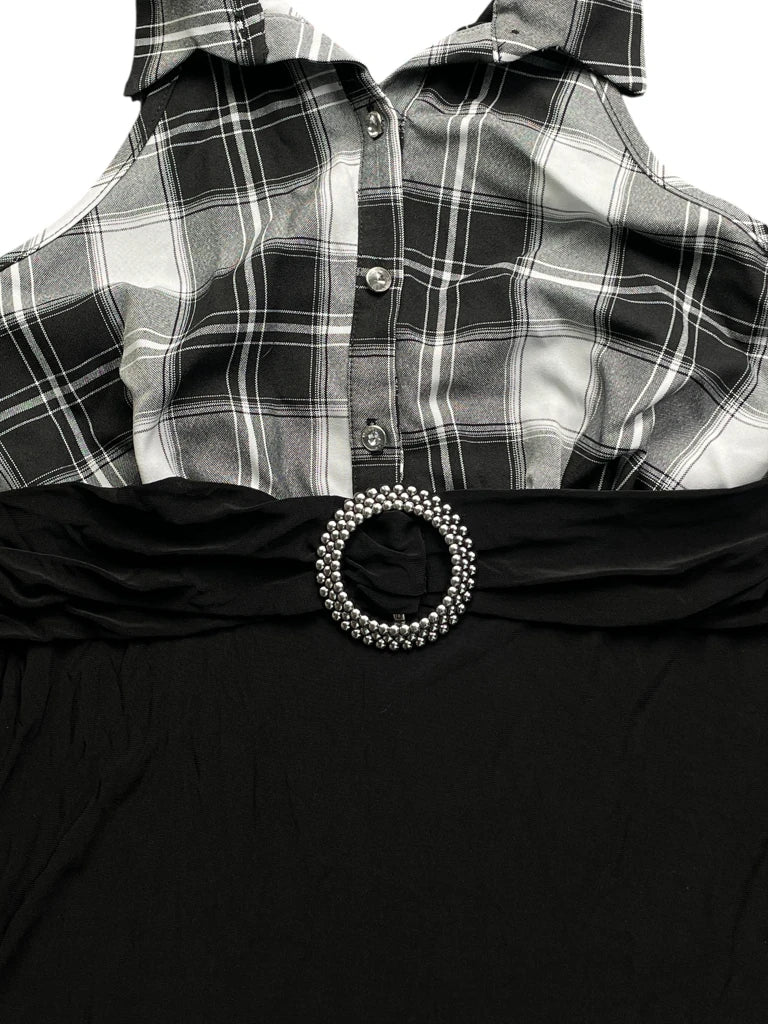 detail view, Black and White Plaid Halter Tunic, vintage Y2K second hand piece, image 4