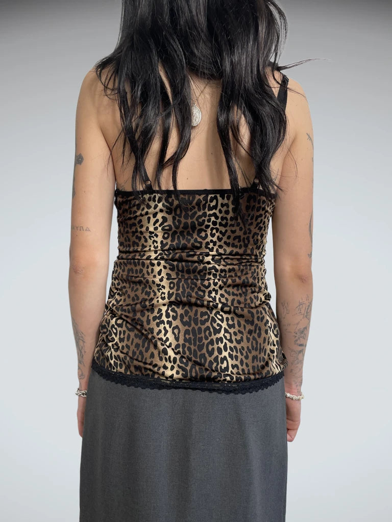 back view, jaguar print top, vintage Y2K second hand piece