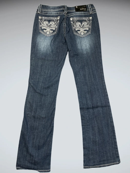 front view, Grace Dark Blue Embellished Pocket Bootcut Jeans, vintage Y2K second hand piece