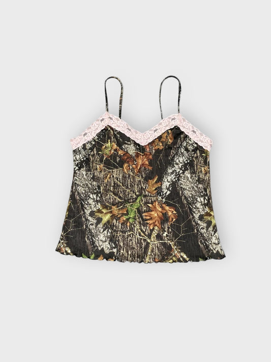 front view, Wildernes Dreams Nature Pattern Lingerie Top with Pink Detail, vintage Y2K second hand piece
