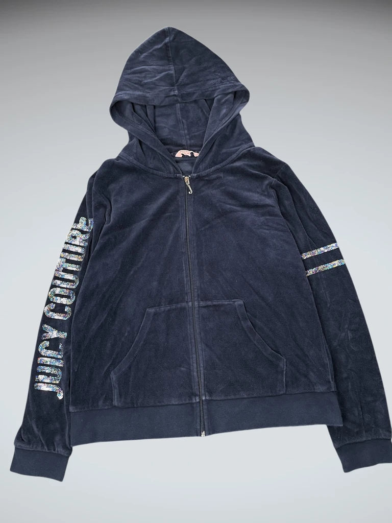 Navy Blue Juicy Couture Hoodie with Rhinestone Sleeve Detail (L)