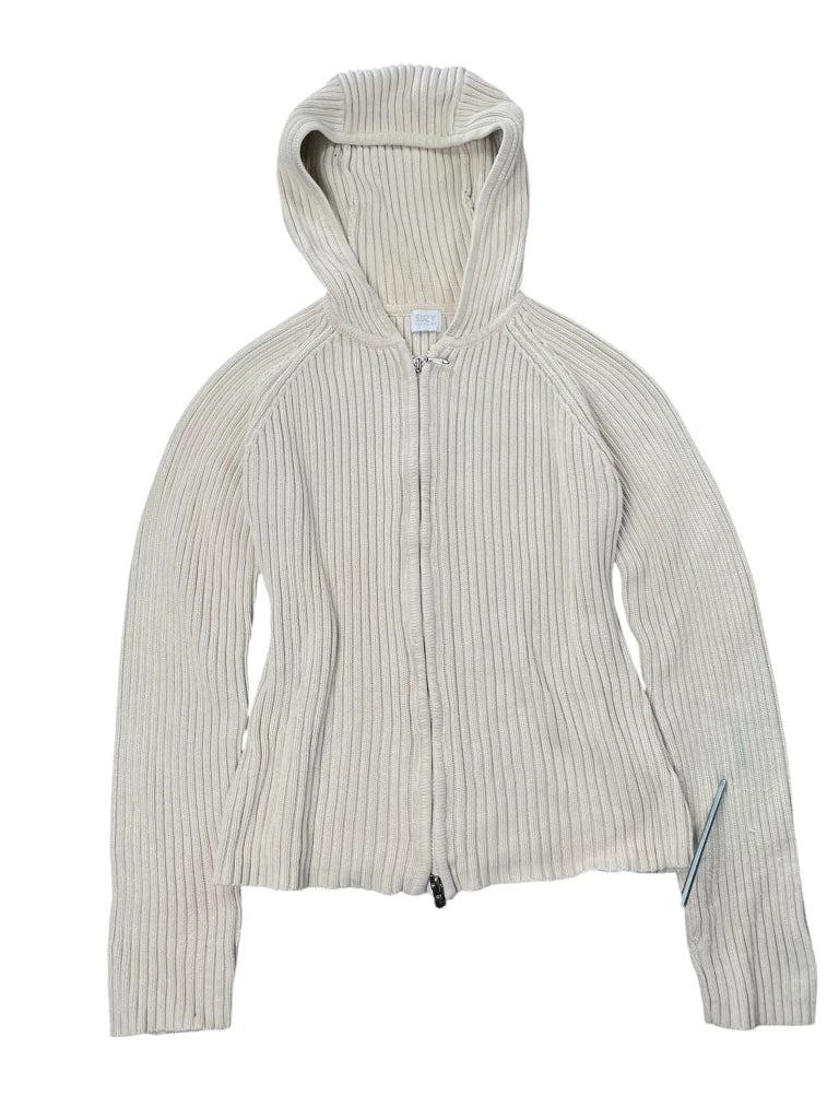 detail view, Beiger gerippter Strick-Hoodie aus Baumwolle mit Reißverschluss für lässige und gemütliche Alltagslooks L: 51 cm / W: 43 cm Beige Ribbed Knit Hoodie, vintage Y2K second hand piece, image 4