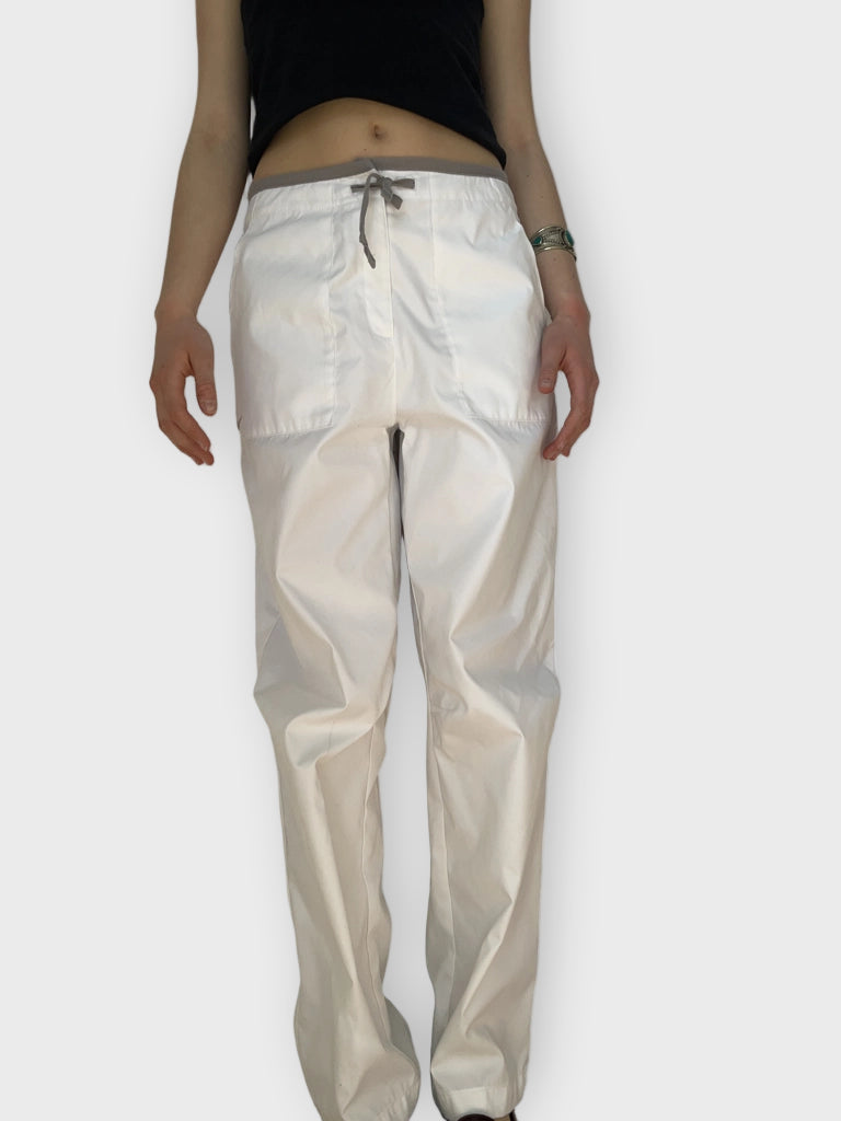front view, Minimalist White Nylon Track Pants Grey Drawstring Nike Retro, vintage Y2K second hand piece