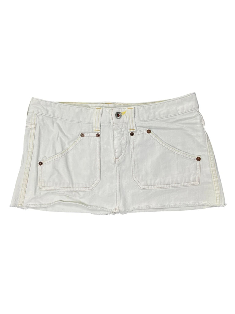detail view, X2 White Beige Denim Mini Skirt with Back Embroidery, vintage Y2K second hand piece