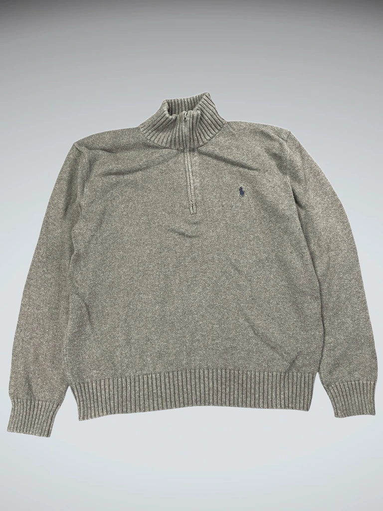 detail view, Polo Ralph Lauren Grey Half-Zip Vintage Sweater, vintage Y2K second hand piece