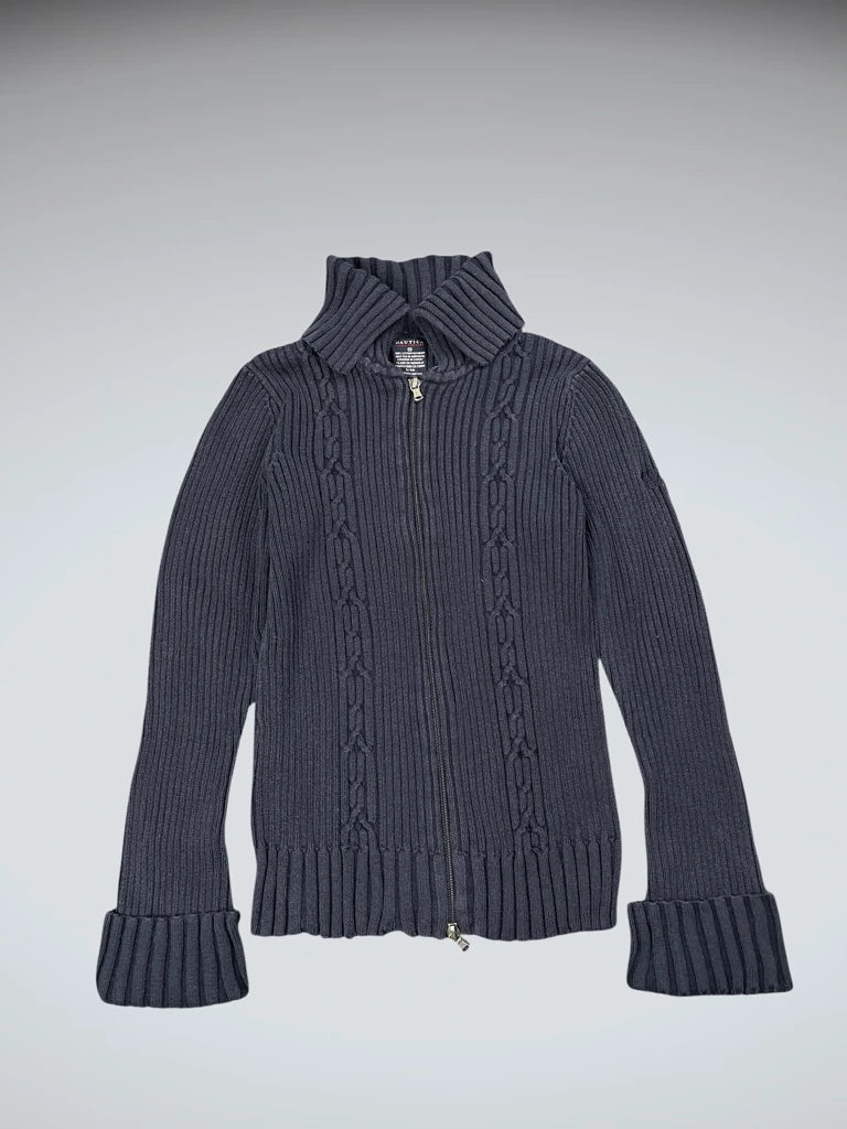front view, Nautica Navy Cable Knit Sweater with Folded Cuffs, vintage Y2K second hand piece