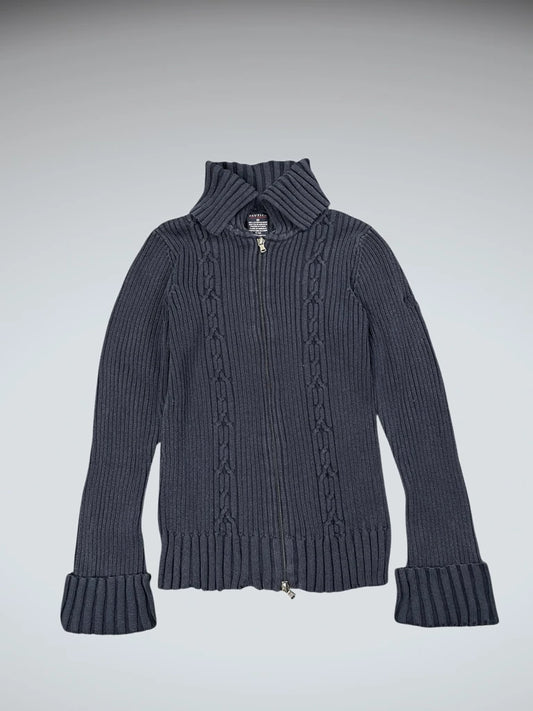 front view, Nautica Navy Cable Knit Sweater with Folded Cuffs, vintage Y2K second hand piece