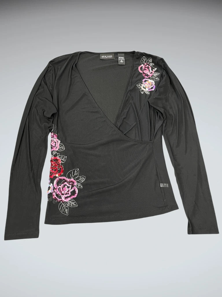 front view, New York & Company Black V-Cut Floral Embellished Top, vintage Y2K second hand piece