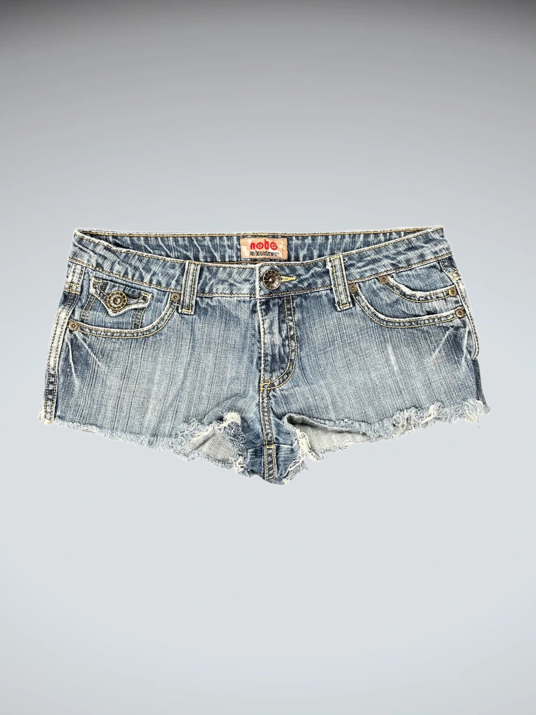 front view, Nobo Light Wash Distressed Denim Hotpants, vintage Y2K second hand piece