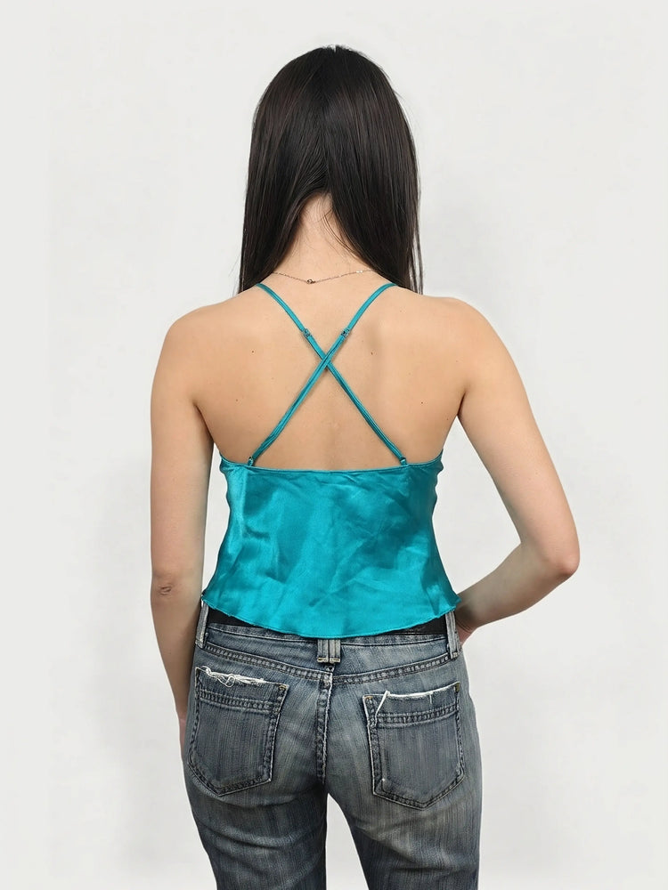 Aqua Silk Lace Halter Top for Summer Vibes (L)