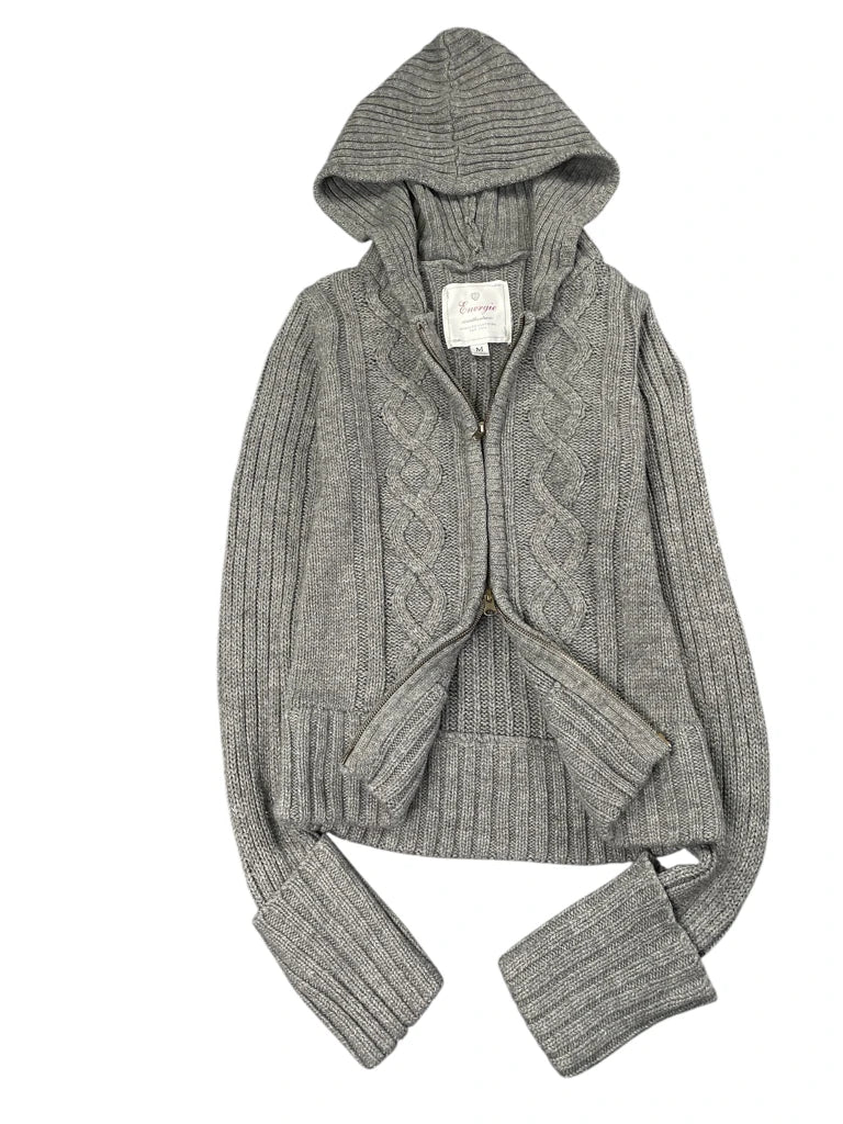detail view, Energie Grey Hooded Cable Knit Zip Sweater, vintage Y2K second hand piece, image 4