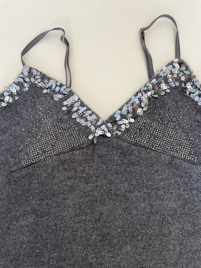 detail view, Gray Sequin Trim Knit Camisole, vintage Y2K second hand piece, image 5