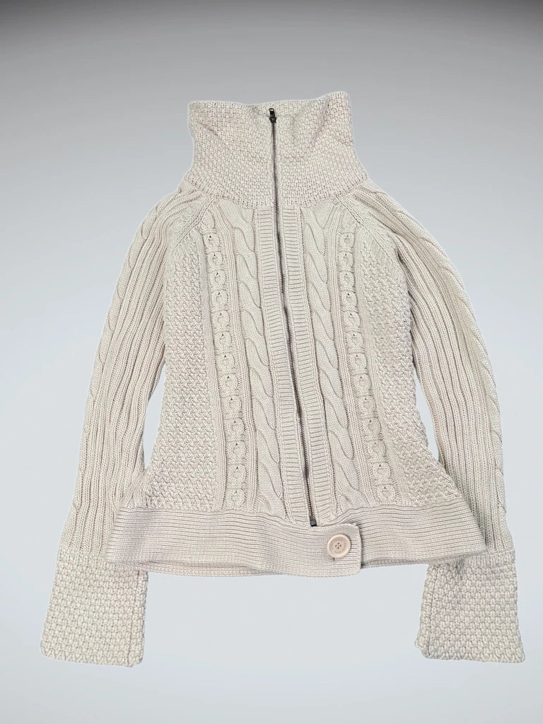 detail view, DKNY Beige High-Collar Wool Blend Cable Knit Sweater, vintage Y2K second hand piece