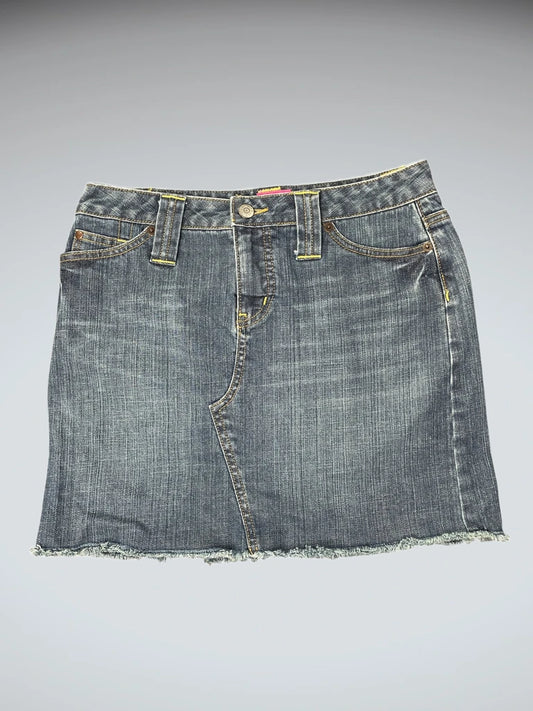 front view, The Limited Blue Denim Skirt with Yellow Stitching, vintage Y2K second hand piece