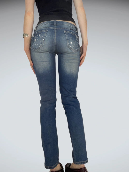 back view, Dolce & Gabbana Edgy Paint Splatter Distressed Skinny Jeans Low Rise Aesthetic, vintage Y2K second hand piece