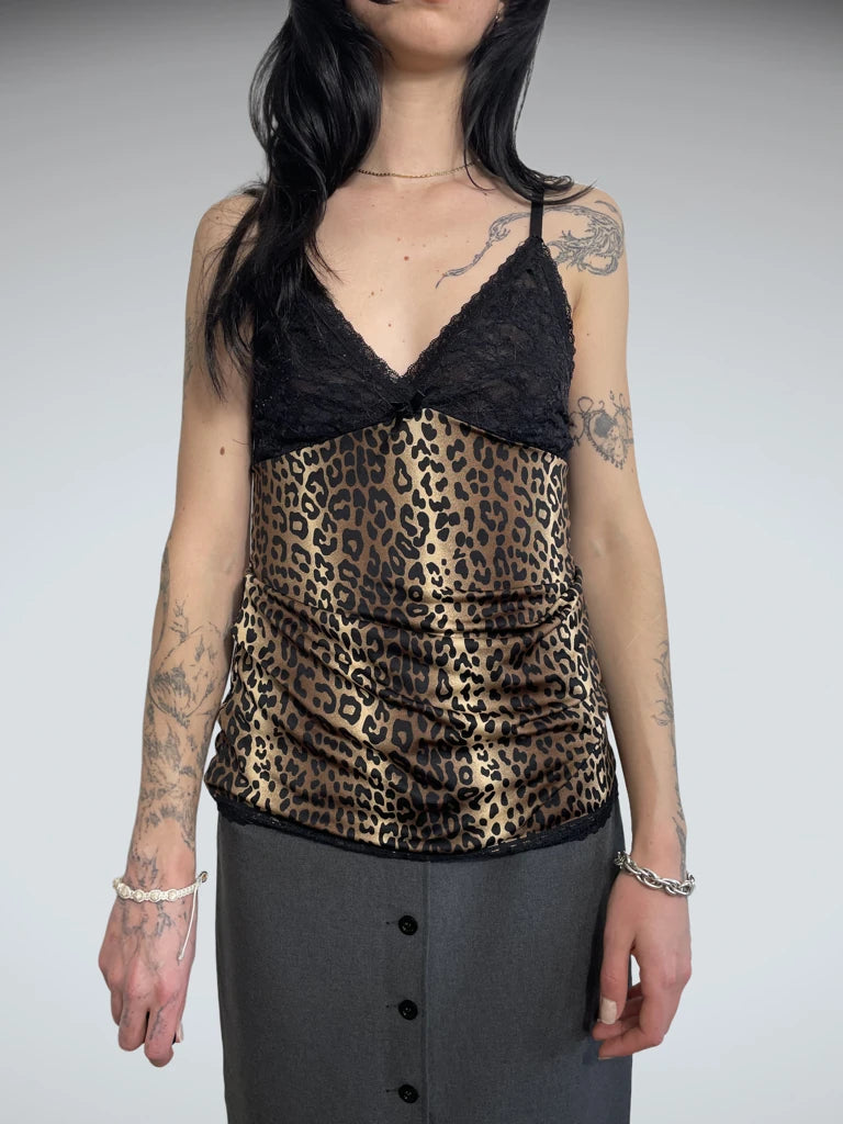front view, jaguar print top, vintage Y2K second hand piece