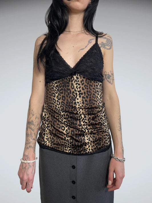 front view, jaguar print top, vintage Y2K second hand piece