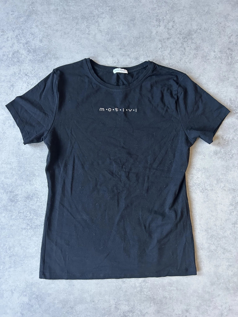 detail view, Motivi Y2K Black Simple Tee, vintage Y2K second hand piece, image 6