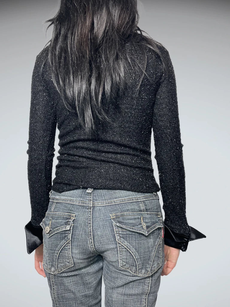 back view, Moda International Black Glitter Shirt, vintage Y2K second hand piece