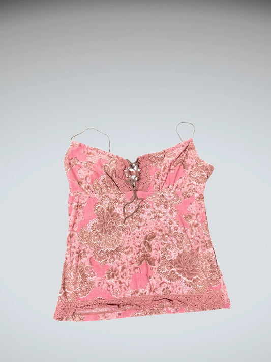 front view, Rockmane Pink Floral Lace Camisole, vintage Y2K second hand piece