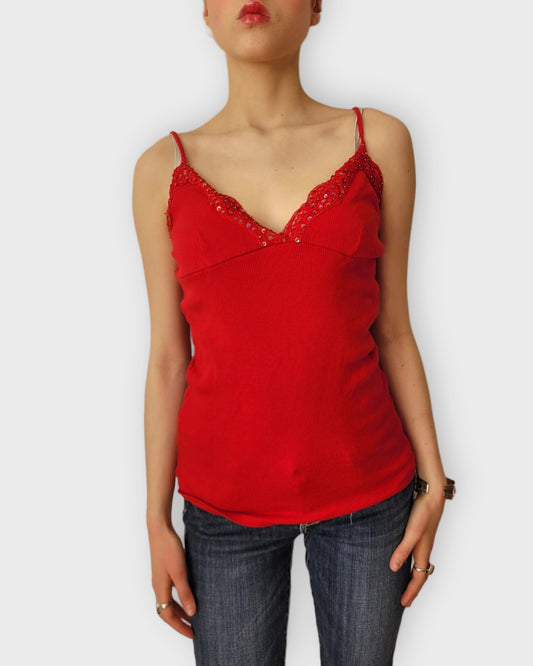 front view, United Colors of Benetton Red Lace Trim Ribbed Camisole, vintage Y2K second hand piece