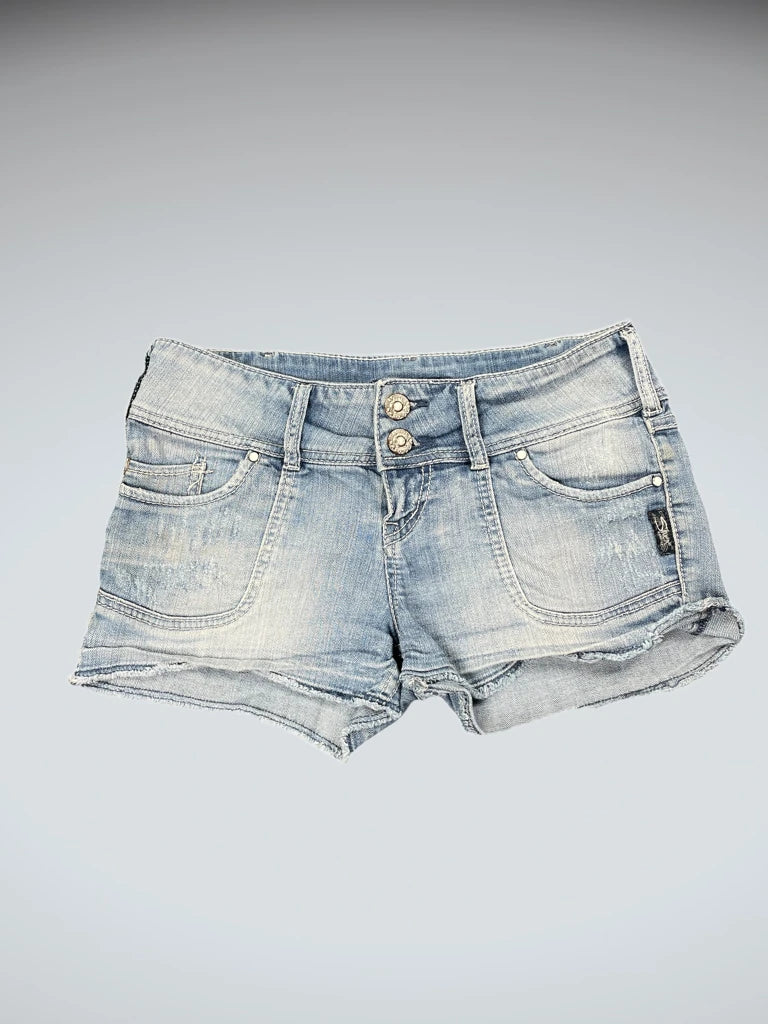 front view, Silver Light Blue Distressed Denim Hotpants, vintage Y2K second hand piece