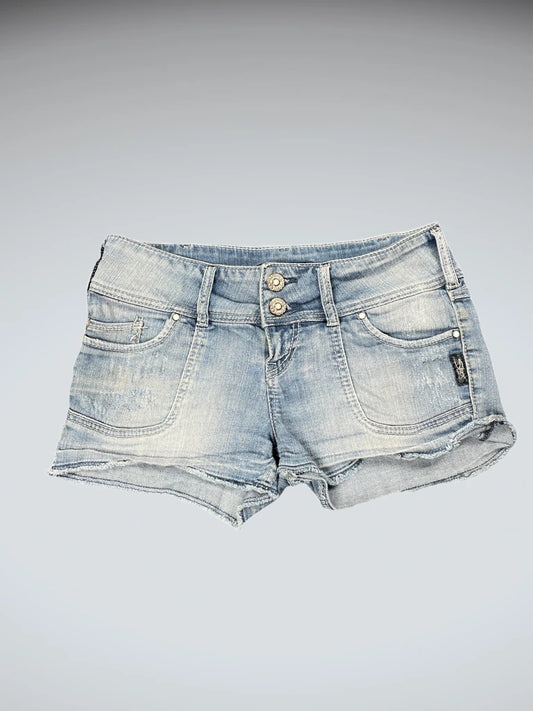 front view, Silver Light Blue Distressed Denim Hotpants, vintage Y2K second hand piece
