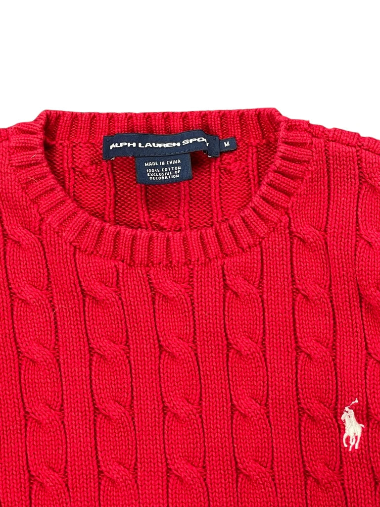 detail view, Polo Ralph Lauren Red Cable Knit Sweater, vintage Y2K second hand piece