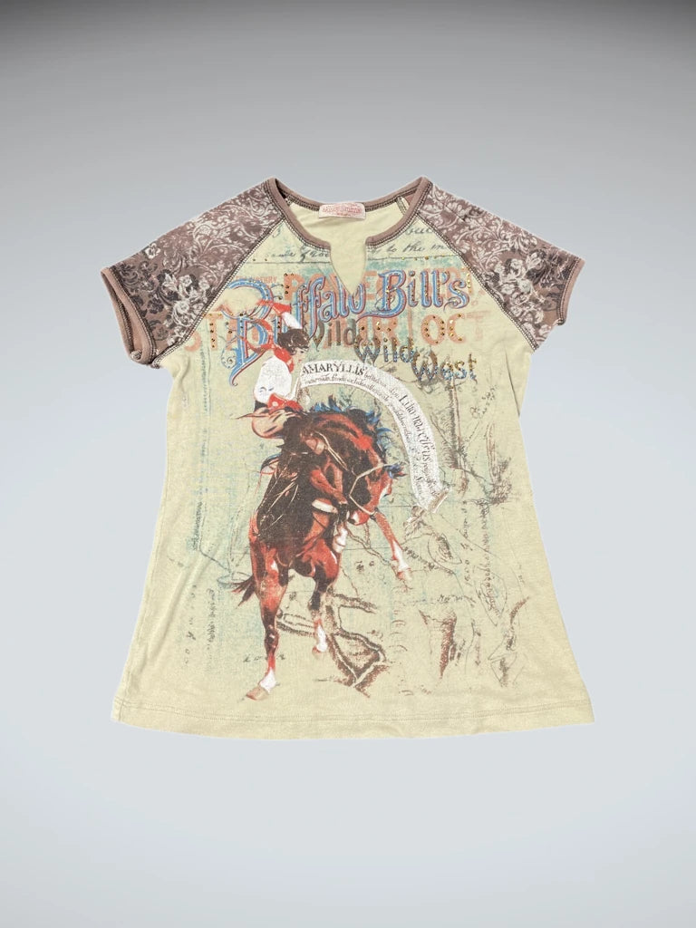 detail view, Skinny Minnie Rhinestone buffalos bills top, vintage Y2K second hand piece