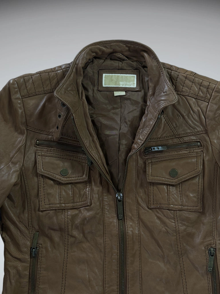 detail view, Michael Kors Brown Genuine Leather Jacket Women, vintage Y2K second hand piece