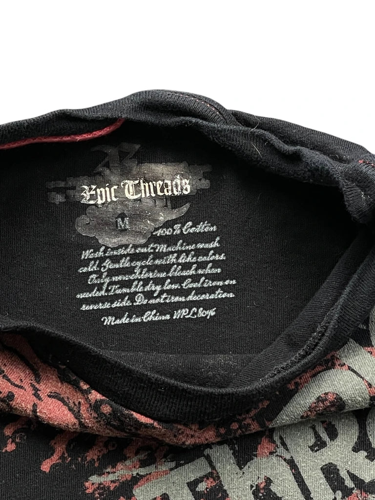 back view, Epic Threads Vintage Black Y2K Graphic Tee with Distressed Red Print, vintage Y2K second hand piece