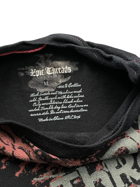 back view, Epic Threads Vintage Black Y2K Graphic Tee with Distressed Red Print, vintage Y2K second hand piece