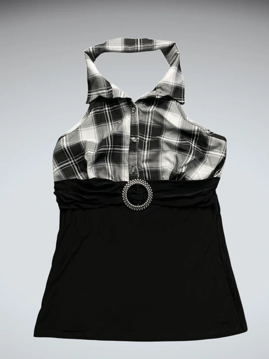 front view, Black and White Plaid Halter Tunic, vintage Y2K second hand piece