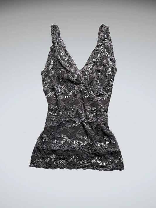 front view, Le Chateu Dark Purple Lace Floral Top, vintage Y2K second hand piece