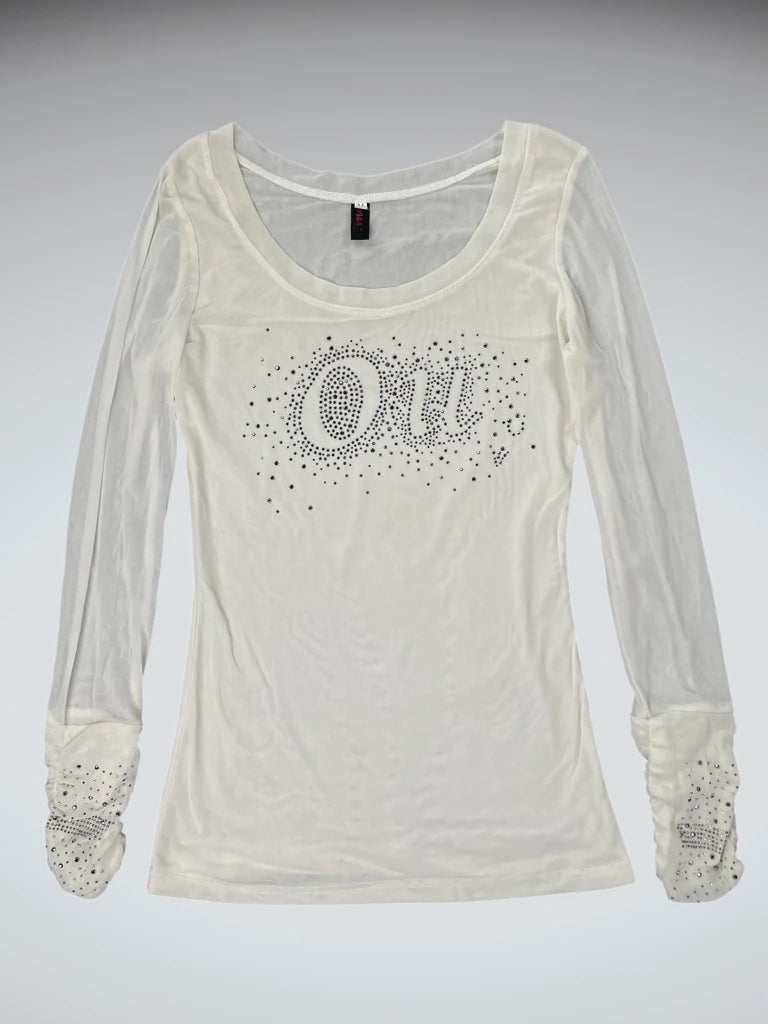detail view, Phido Beige Rhinestone Vintage Top, vintage Y2K second hand piece