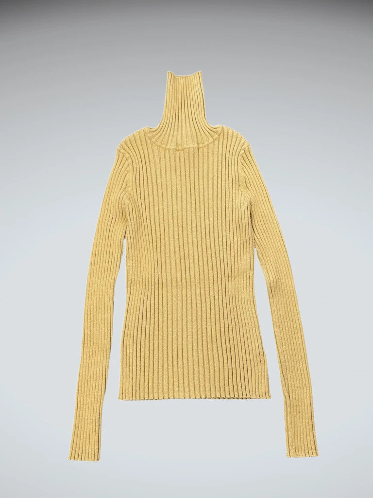 front view, Apostrop Gold Metallic Ribbed Turtleneck Top, vintage Y2K second hand piece