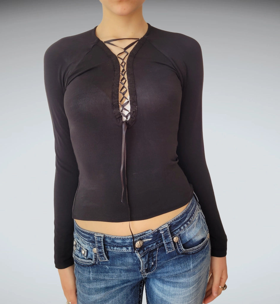 front view, Sportstaff Black Ribbed Lace-Up Longsleeve Shirt Goth Grunge Vintage, vintage Y2K second hand piece